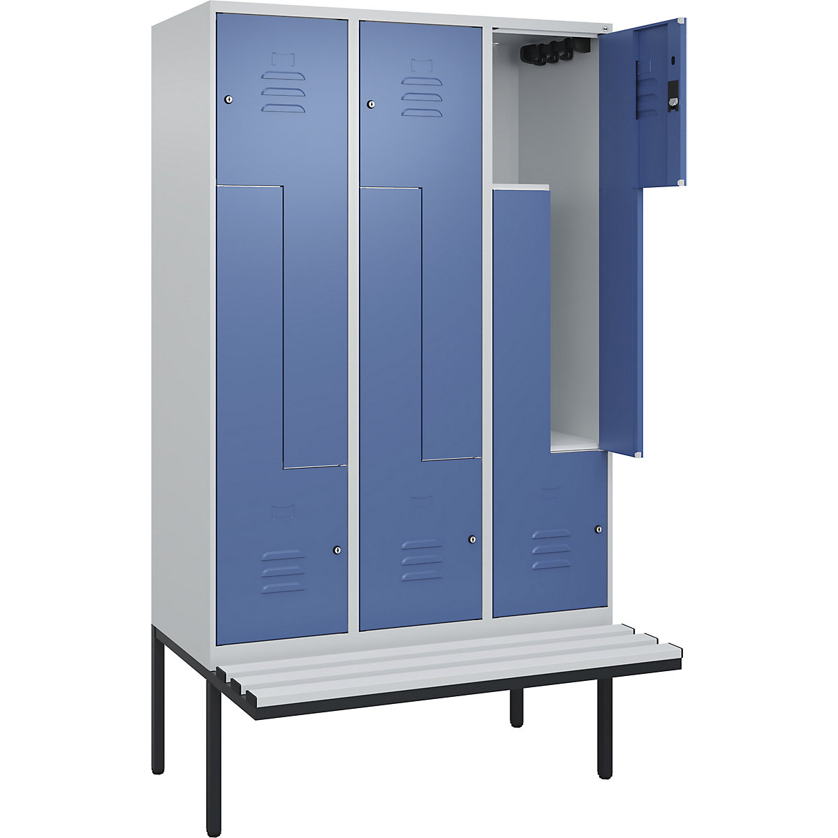 Cacifo em Z Classic PLUS com banco – C+P, 3 compartimentos, cinzento claro/azul distante, L 1200 mm, fechadura de cilindro, saliente, plástico-0