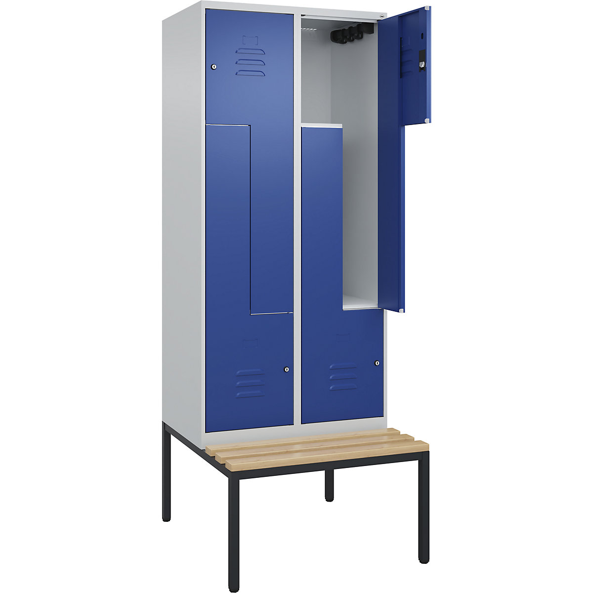 Cacifo em Z Classic PLUS com banco – C+P, 2 compartimentos, cinzento claro/azul genciana, L 800 mm, fechadura de cilindro, incorporado, madeira dura de faia-0