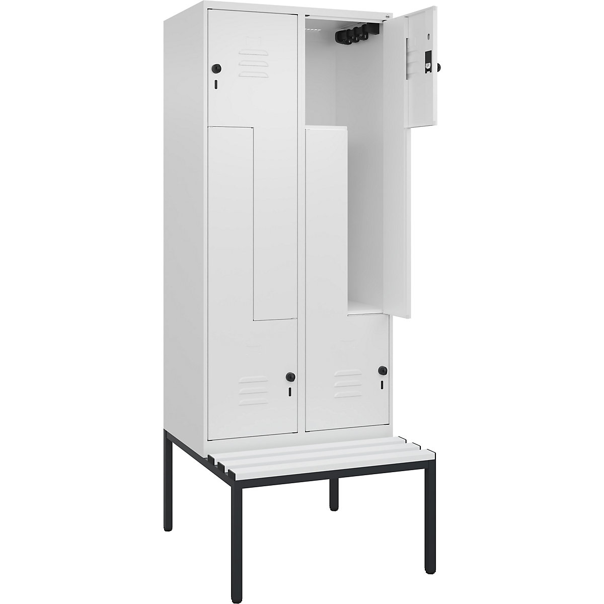 Cacifo em Z Classic PLUS com banco – C+P, 2 compartimentos, branco trânsito, L 800 mm, trinco de segurança rotativo, incorporado, plástico-0