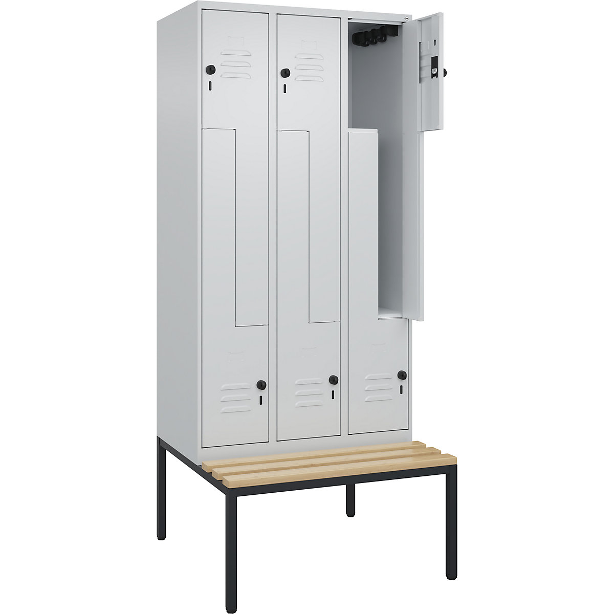 Cacifo em Z Classic PLUS com banco – C+P, 3 compartimentos, cinzento claro, L 900 mm, trinco de segurança rotativo, incorporado, madeira dura de faia-0