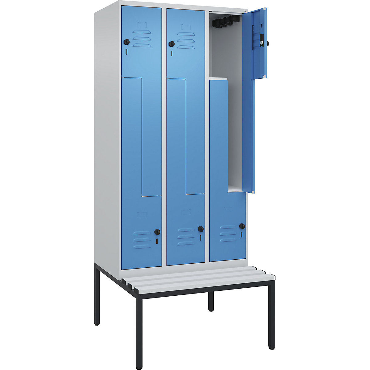 Cacifo em Z Classic PLUS com banco – C+P, 3 compartimentos, cinzento claro/azul claro, L 900 mm, trinco de segurança rotativo, incorporado, plástico-0