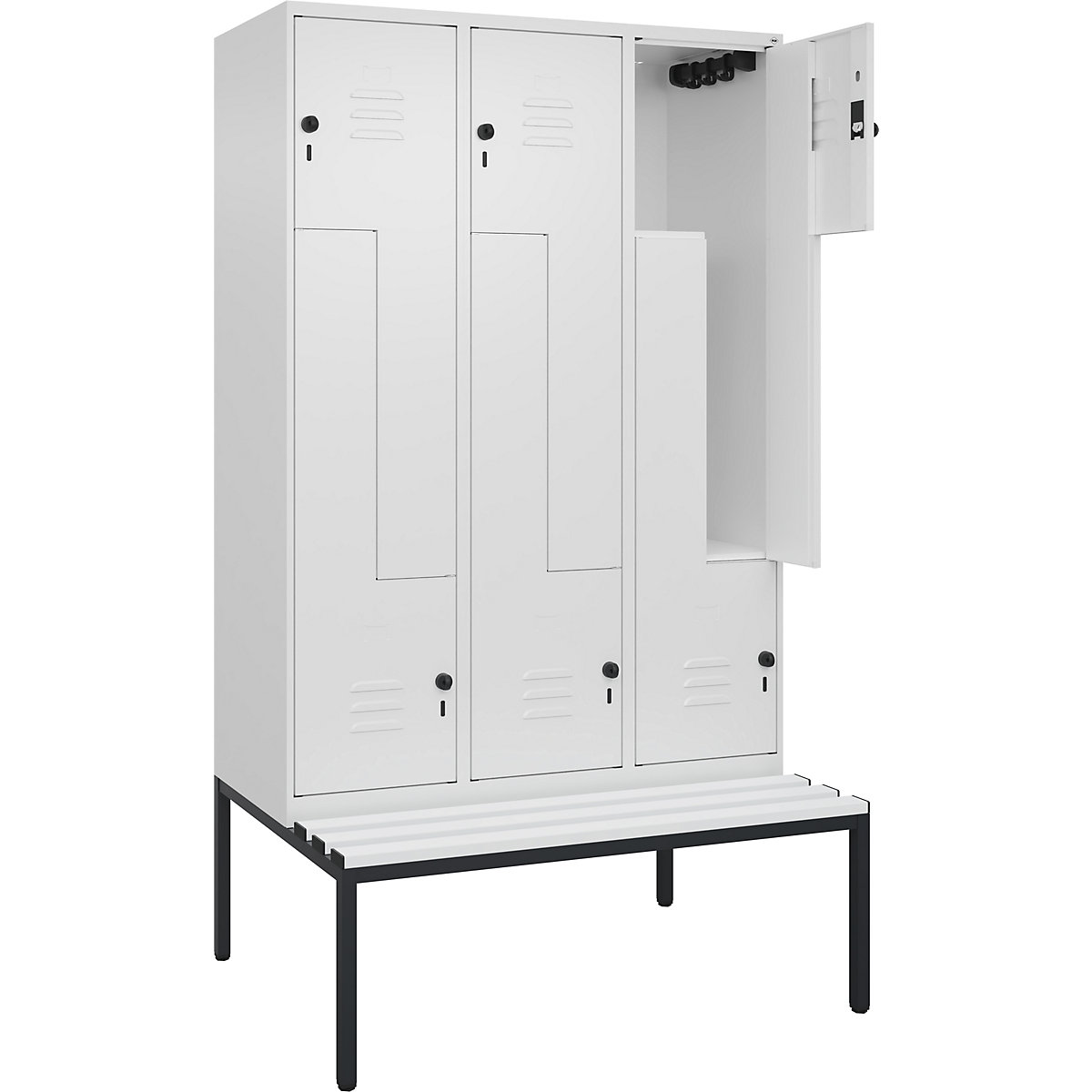 Cacifo em Z Classic PLUS com banco – C+P, 3 compartimentos, branco trânsito, L 1200 mm, trinco de segurança rotativo, incorporado, plástico-0