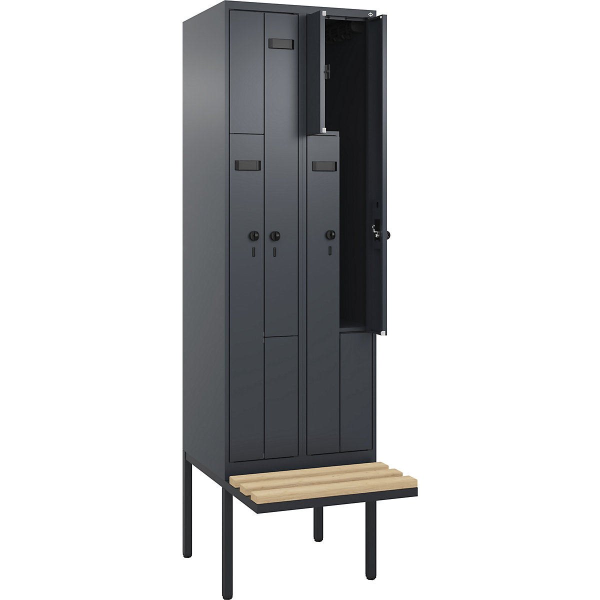 Cacifo em Z Evolo PLUS com banco, 2 compartimentos, cinzento, L 600 mm, trinco de segurança rotativo, com banco saliente, faia-0