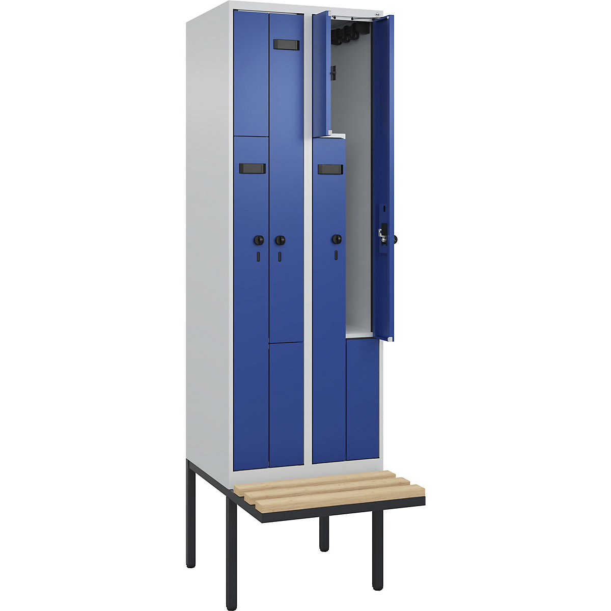 Cacifo em Z Evolo PLUS com banco, 2 compartimentos, cinzento claro/azul genciana, L 600 mm, trinco de segurança rotativo, com banco saliente, faia-0