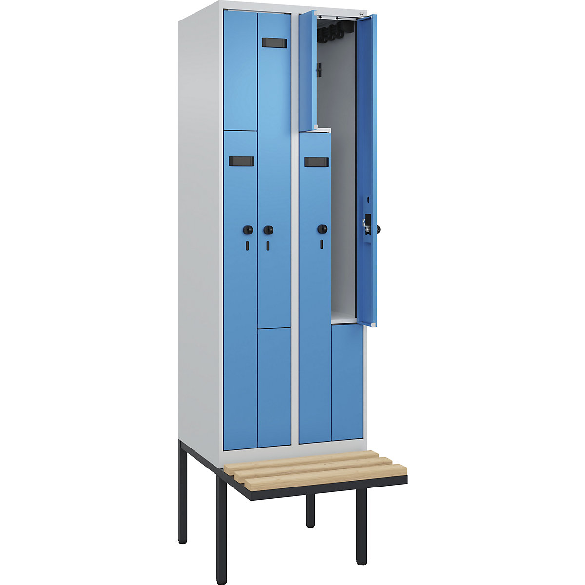 Cacifo em Z Evolo PLUS com banco, 2 compartimentos, cinzento claro/azul claro, L 600 mm, trinco de segurança rotativo, com banco saliente, faia-0