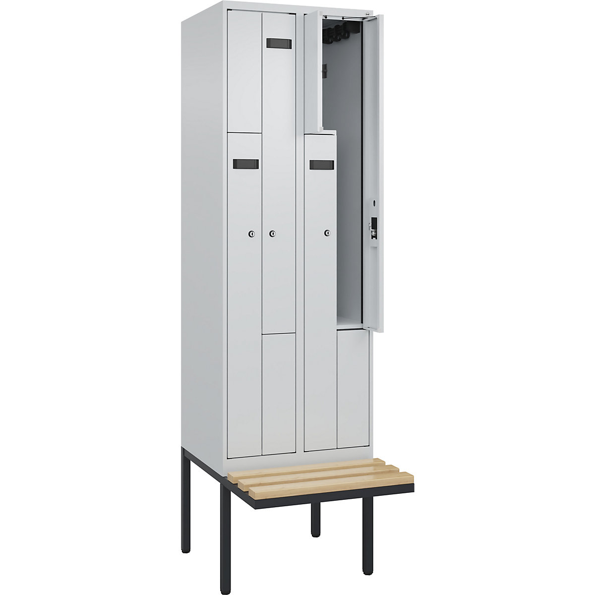 Cacifo em Z Evolo PLUS com banco, 2 compartimentos, cinzento claro/cinzento claro, L 600 mm, fechadura de cilindro, com banco saliente, faia-0