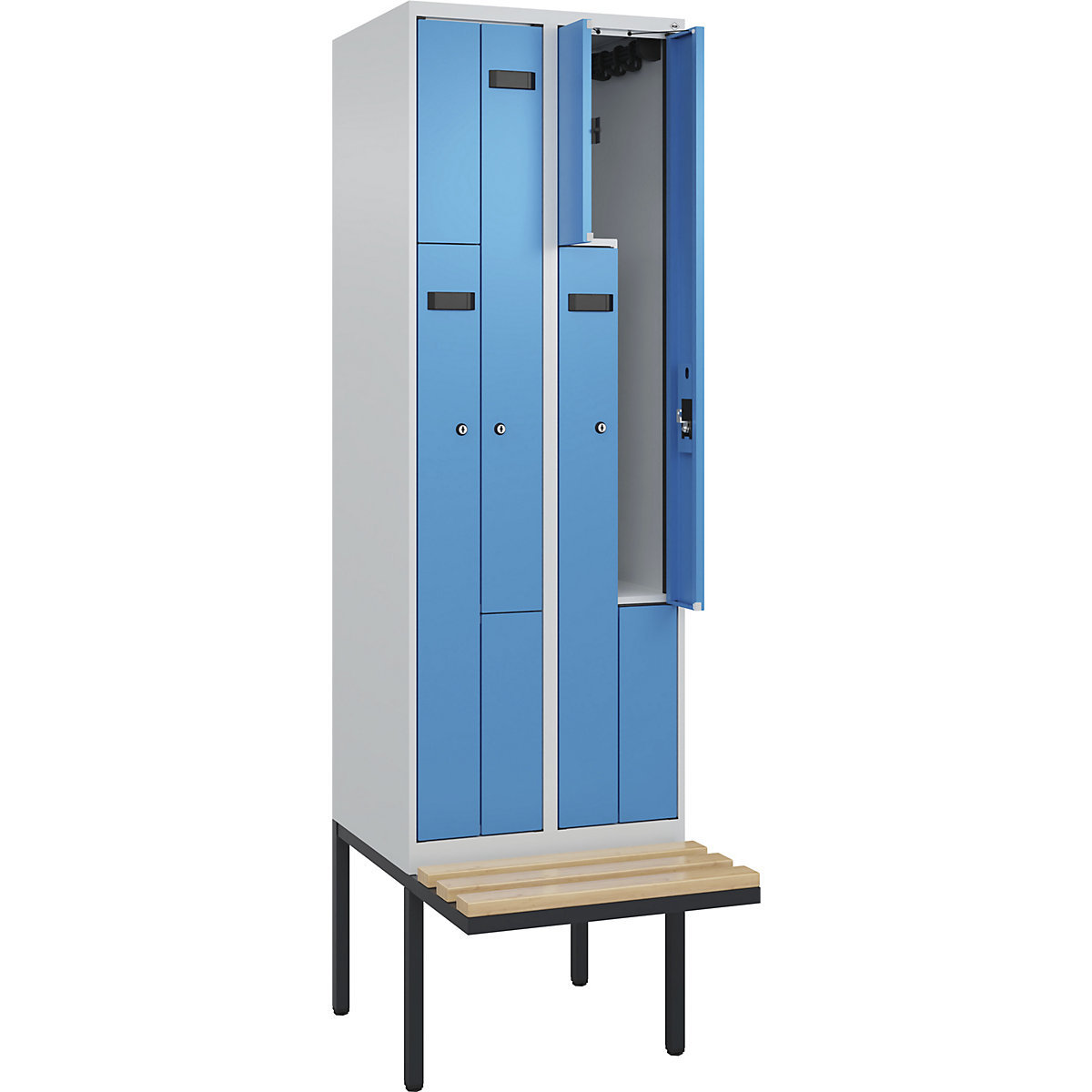 Cacifo em Z Evolo PLUS com banco, 2 compartimentos, cinzento claro/azul claro, L 600 mm, fechadura de cilindro, com banco saliente, faia-0