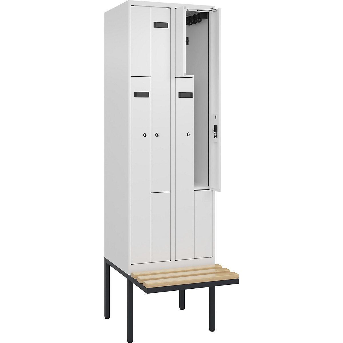 Cacifo em Z Evolo PLUS com banco, 2 compartimentos, branco, L 600 mm, fechadura de cilindro, com banco saliente, faia-0