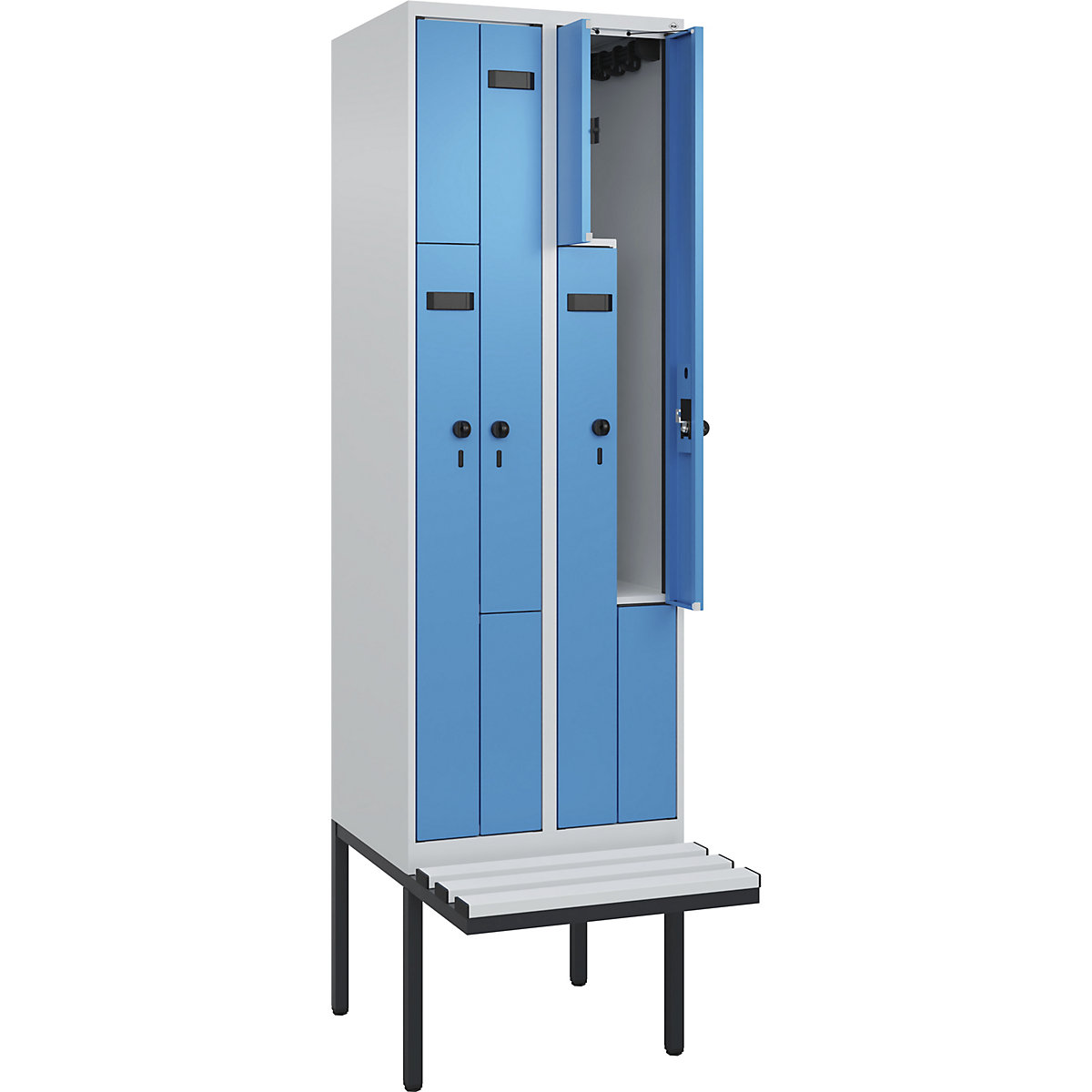 Cacifo em Z Evolo PLUS com banco, 2 compartimentos, cinzento claro/azul claro, L 600 mm, trinco de segurança rotativo, com banco saliente, plástico-0
