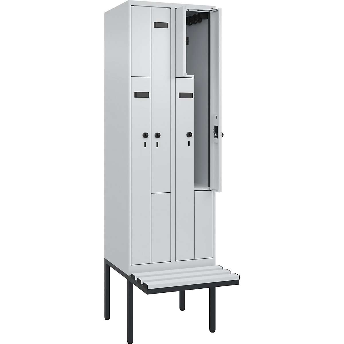 Cacifo em Z Evolo PLUS com banco, 2 compartimentos, cinzento claro/cinzento claro, L 600 mm, trinco de segurança rotativo, com banco saliente, plástico-0