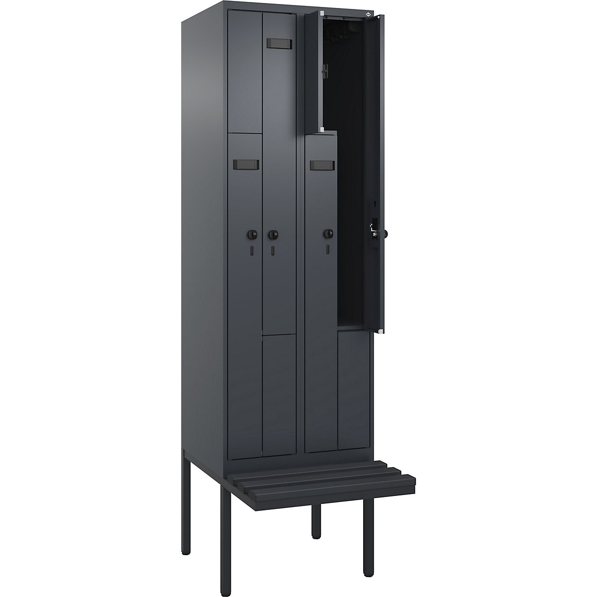 Cacifo em Z Evolo PLUS com banco, 2 compartimentos, cinzento, L 600 mm, trinco de segurança rotativo, com banco saliente, plástico-0