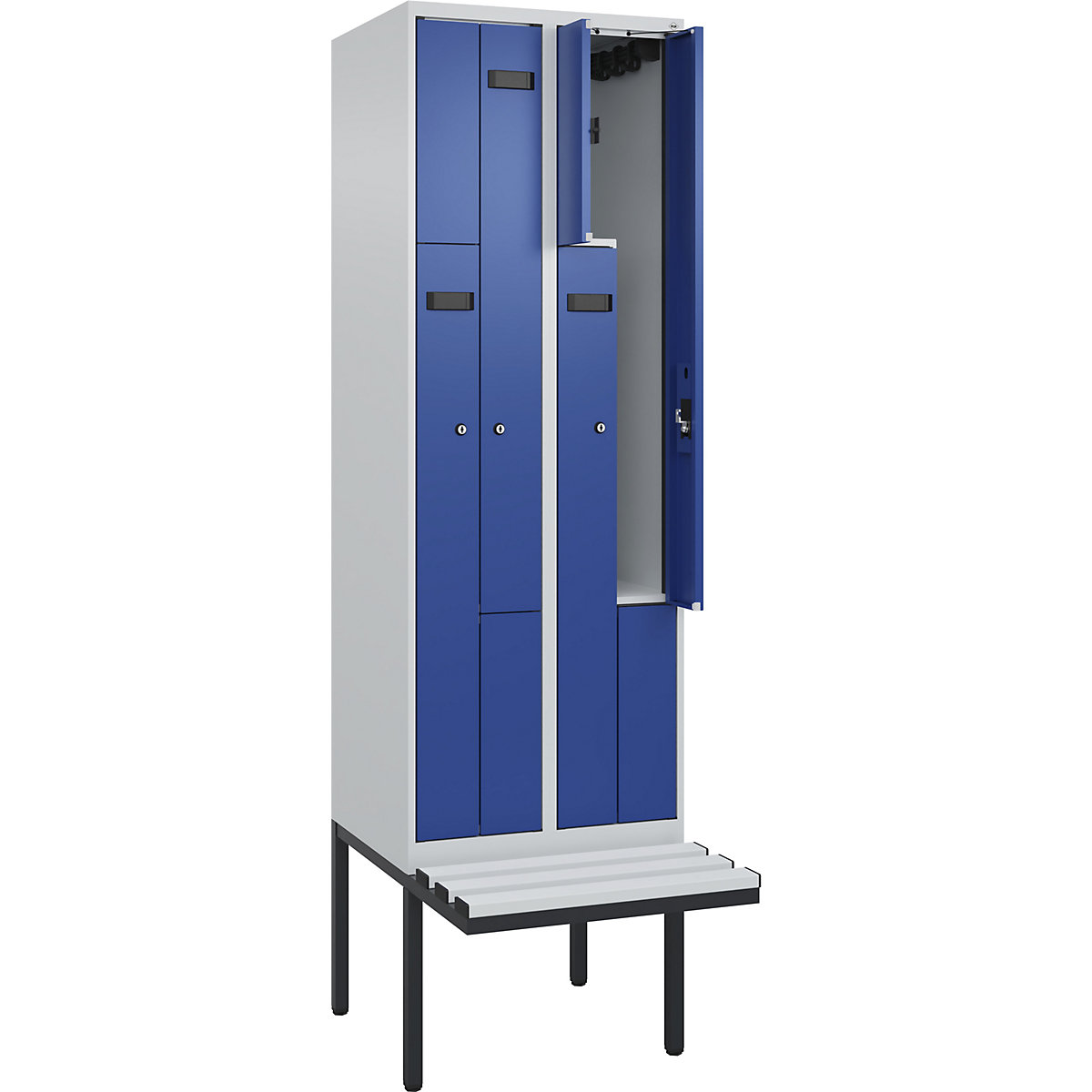 Cacifo em Z Evolo PLUS com banco, 2 compartimentos, cinzento claro/azul genciana, L 600 mm, fechadura de cilindro, com banco saliente, plástico-0