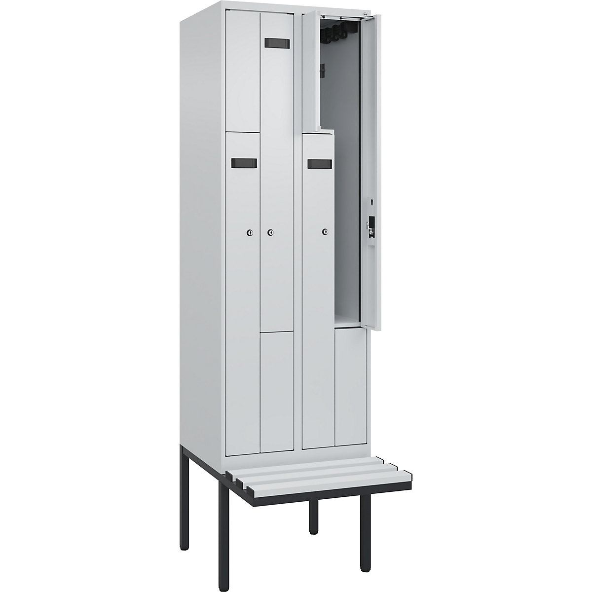 Cacifo em Z Evolo PLUS com banco, 2 compartimentos, cinzento claro/cinzento claro, L 600 mm, fechadura de cilindro, com banco saliente, plástico-0