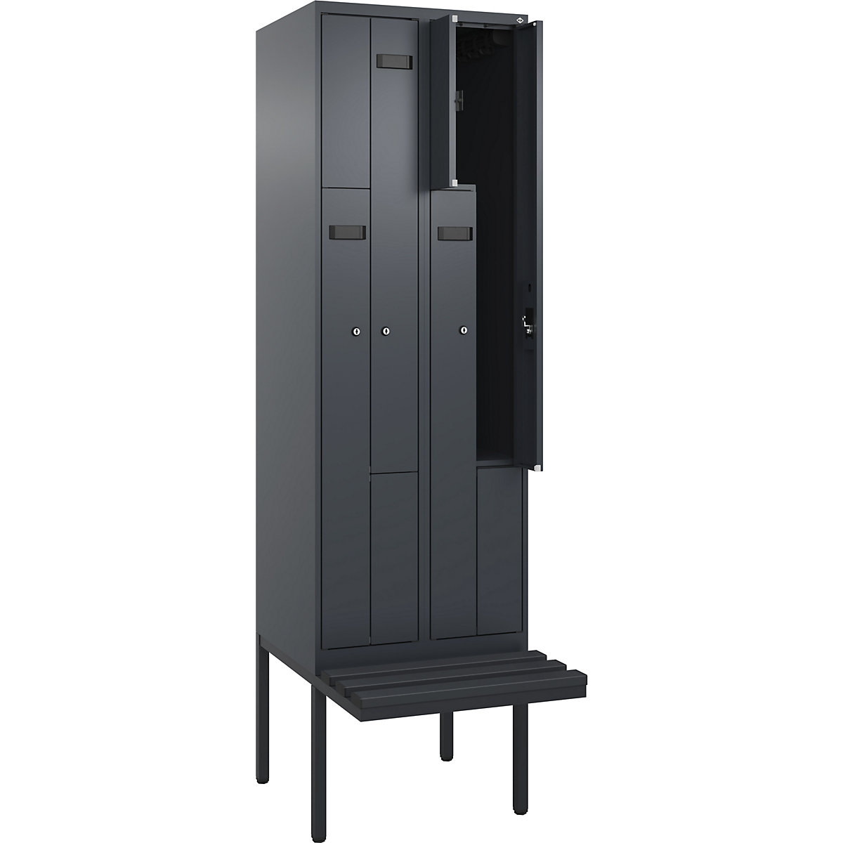 Cacifo em Z Evolo PLUS com banco, 2 compartimentos, cinzento, L 600 mm, fechadura de cilindro, com banco saliente, plástico-0