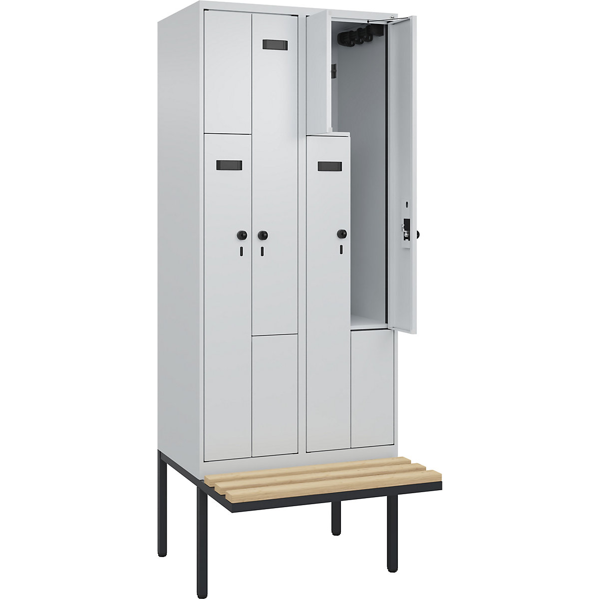 Cacifo em Z Evolo PLUS com banco, 2 compartimentos, cinzento claro/cinzento claro, L 800 mm, trinco de segurança rotativo, com banco saliente, faia-0