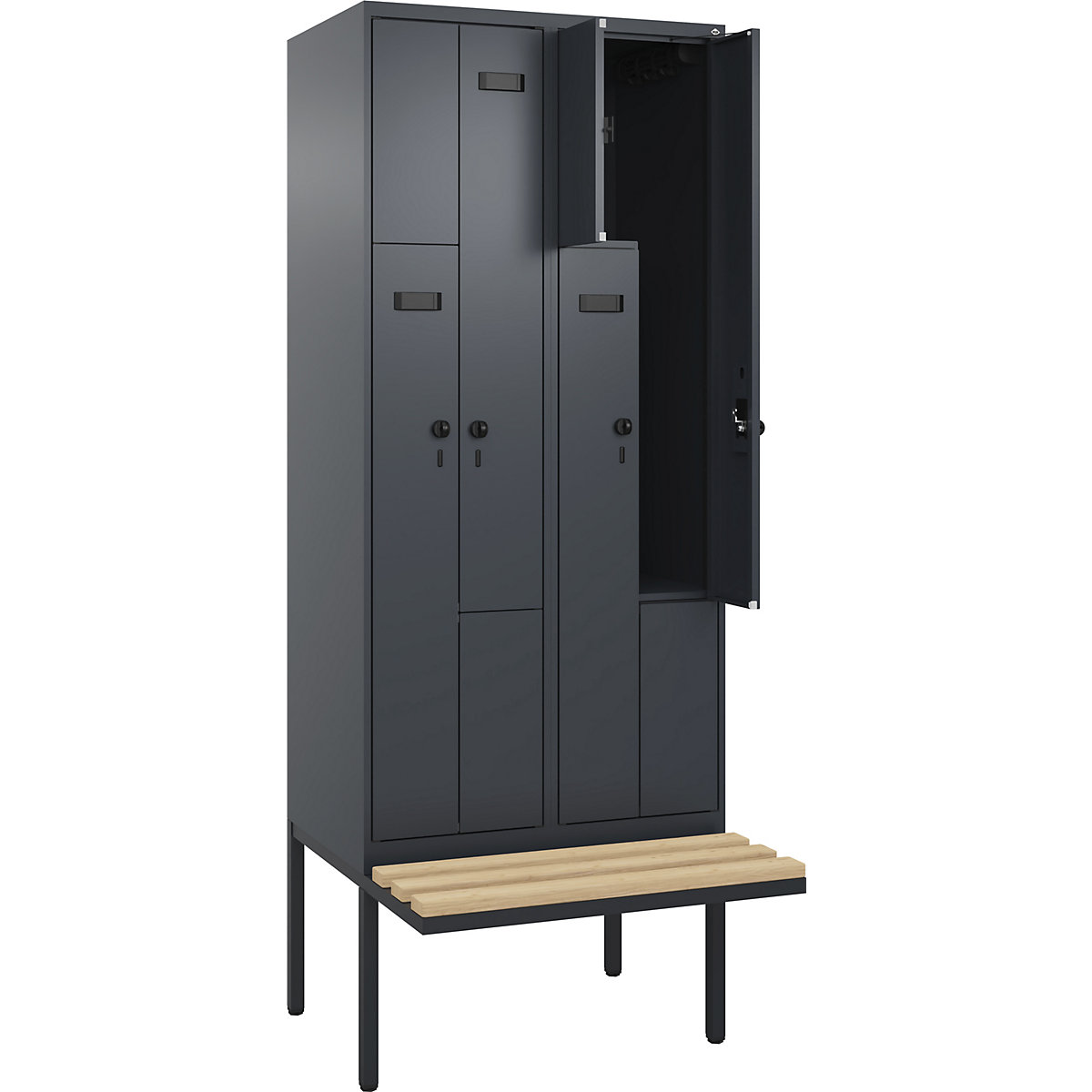 Cacifo em Z Evolo PLUS com banco, 2 compartimentos, cinzento, L 800 mm, trinco de segurança rotativo, com banco saliente, faia-0