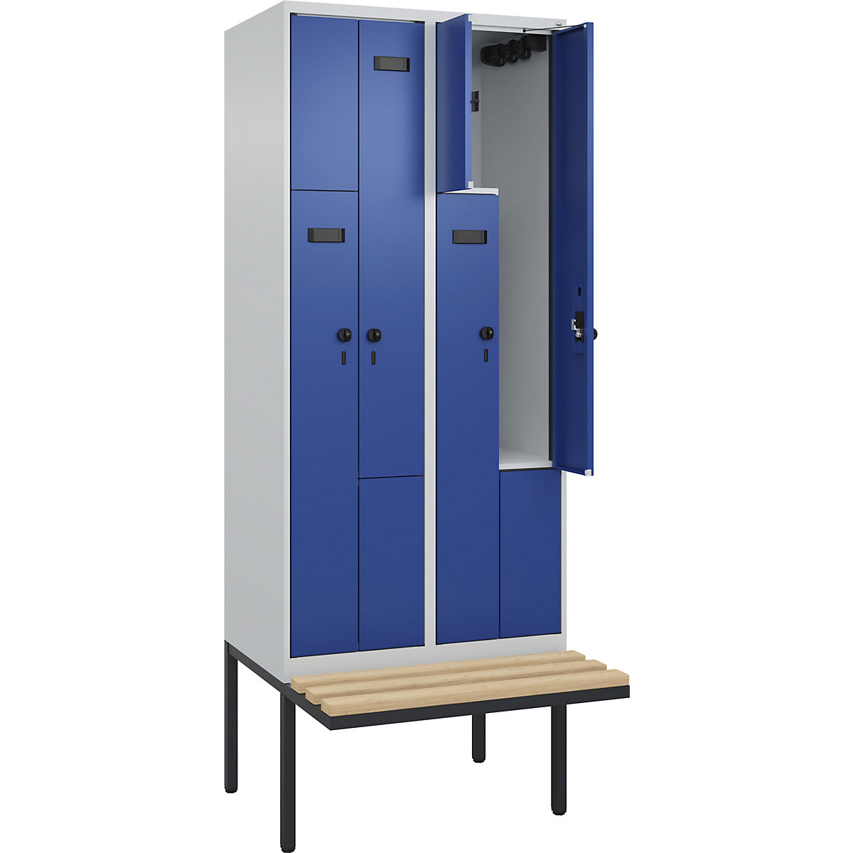 Cacifo em Z Evolo PLUS com banco, 2 compartimentos, cinzento claro/azul genciana, L 800 mm, trinco de segurança rotativo, com banco saliente, faia-0