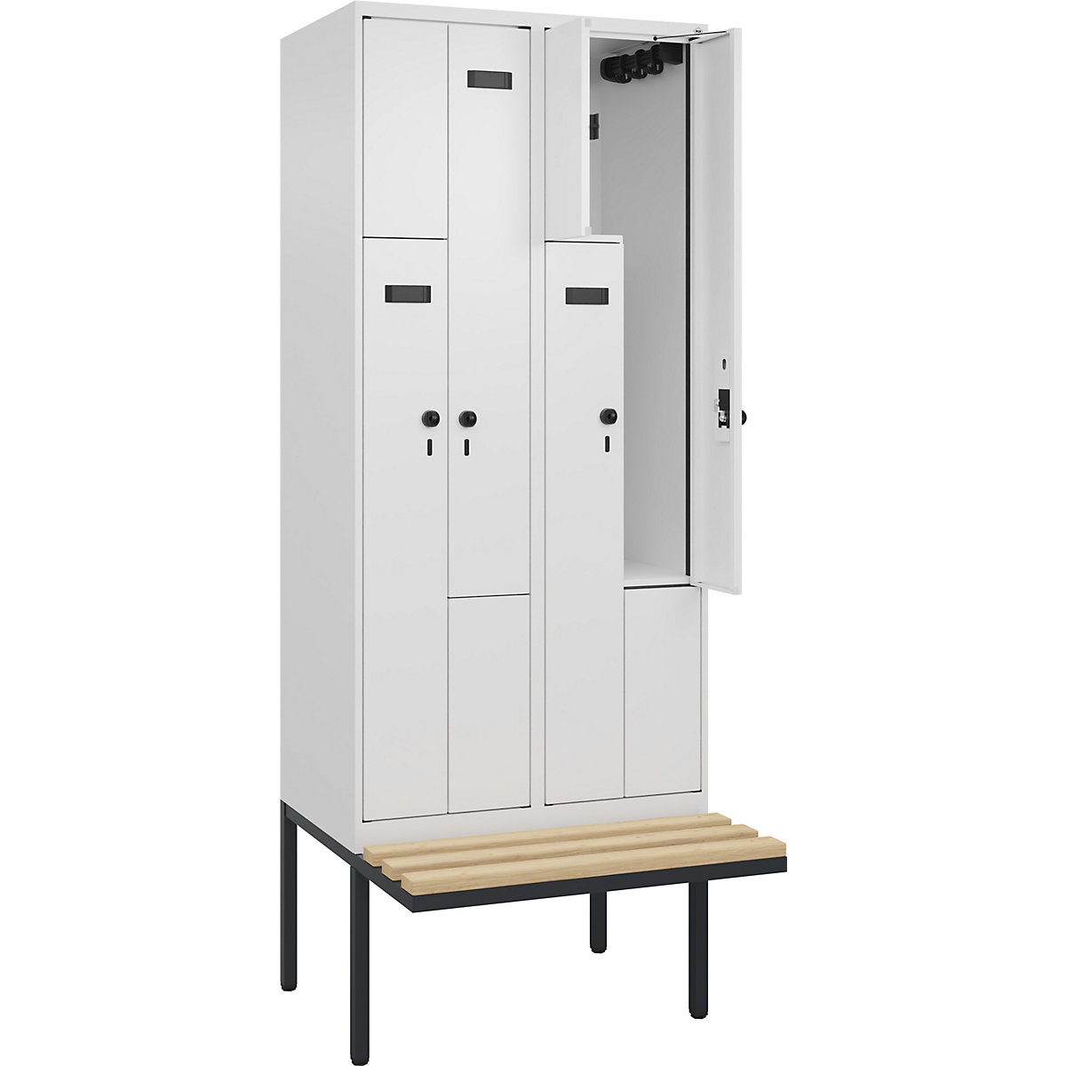 Cacifo em Z Evolo PLUS com banco, 2 compartimentos, branco, L 800 mm, trinco de segurança rotativo, com banco saliente, faia-0