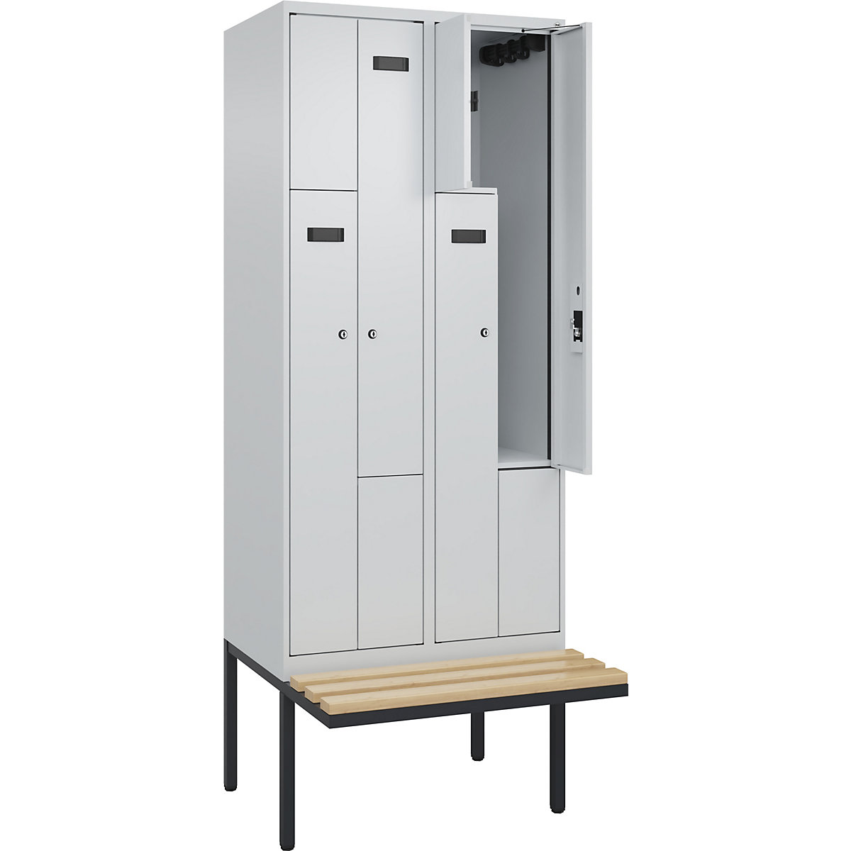 Cacifo em Z Evolo PLUS com banco, 2 compartimentos, cinzento claro/cinzento claro, L 800 mm, fechadura de cilindro, com banco saliente, faia-0