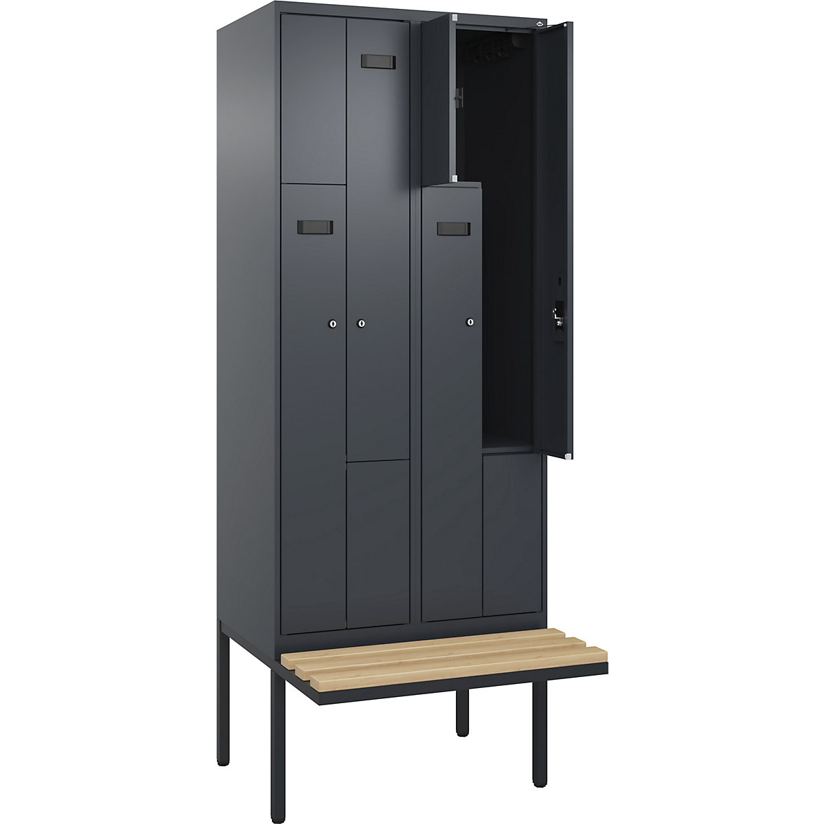 Cacifo em Z Evolo PLUS com banco, 2 compartimentos, cinzento, L 800 mm, fechadura de cilindro, com banco saliente, faia-0