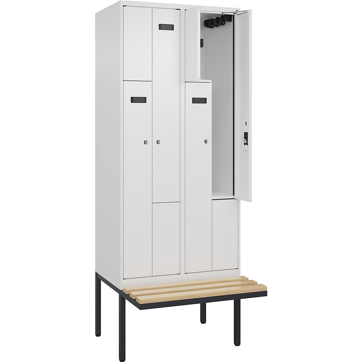 Cacifo em Z Evolo PLUS com banco, 2 compartimentos, branco, L 800 mm, fechadura de cilindro, com banco saliente, faia-0