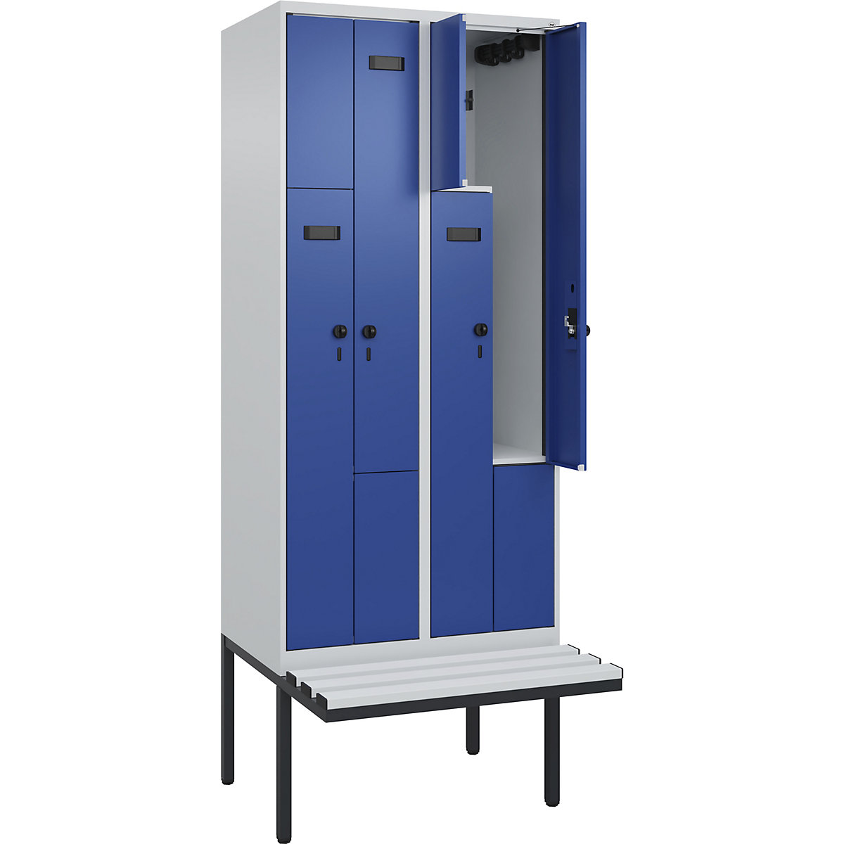 Cacifo em Z Evolo PLUS com banco, 2 compartimentos, cinzento claro/azul genciana, L 800 mm, trinco de segurança rotativo, com banco saliente, plástico-0