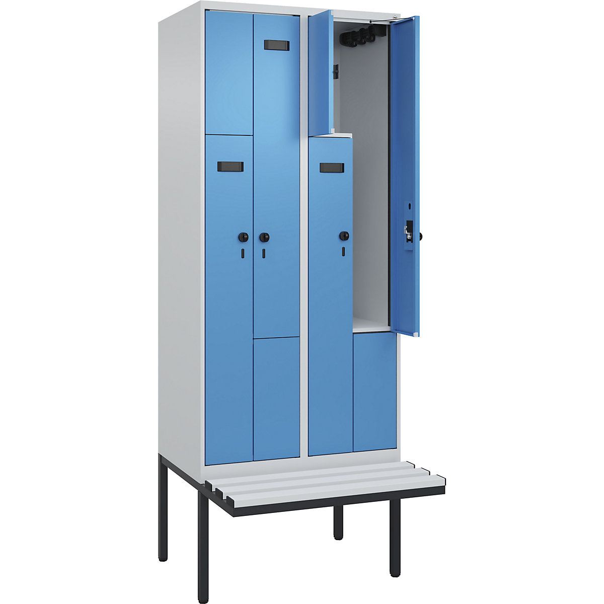 Cacifo em Z Evolo PLUS com banco, 2 compartimentos, cinzento claro/azul claro, L 800 mm, trinco de segurança rotativo, com banco saliente, plástico-0