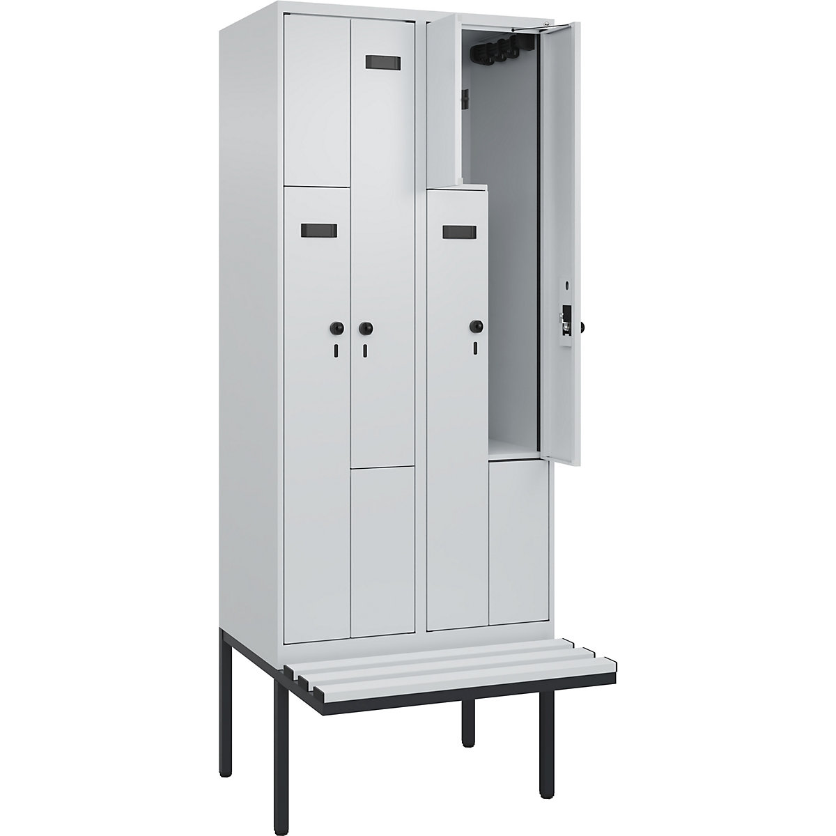 Cacifo em Z Evolo PLUS com banco, 2 compartimentos, cinzento claro/cinzento claro, L 800 mm, trinco de segurança rotativo, com banco saliente, plástico-0