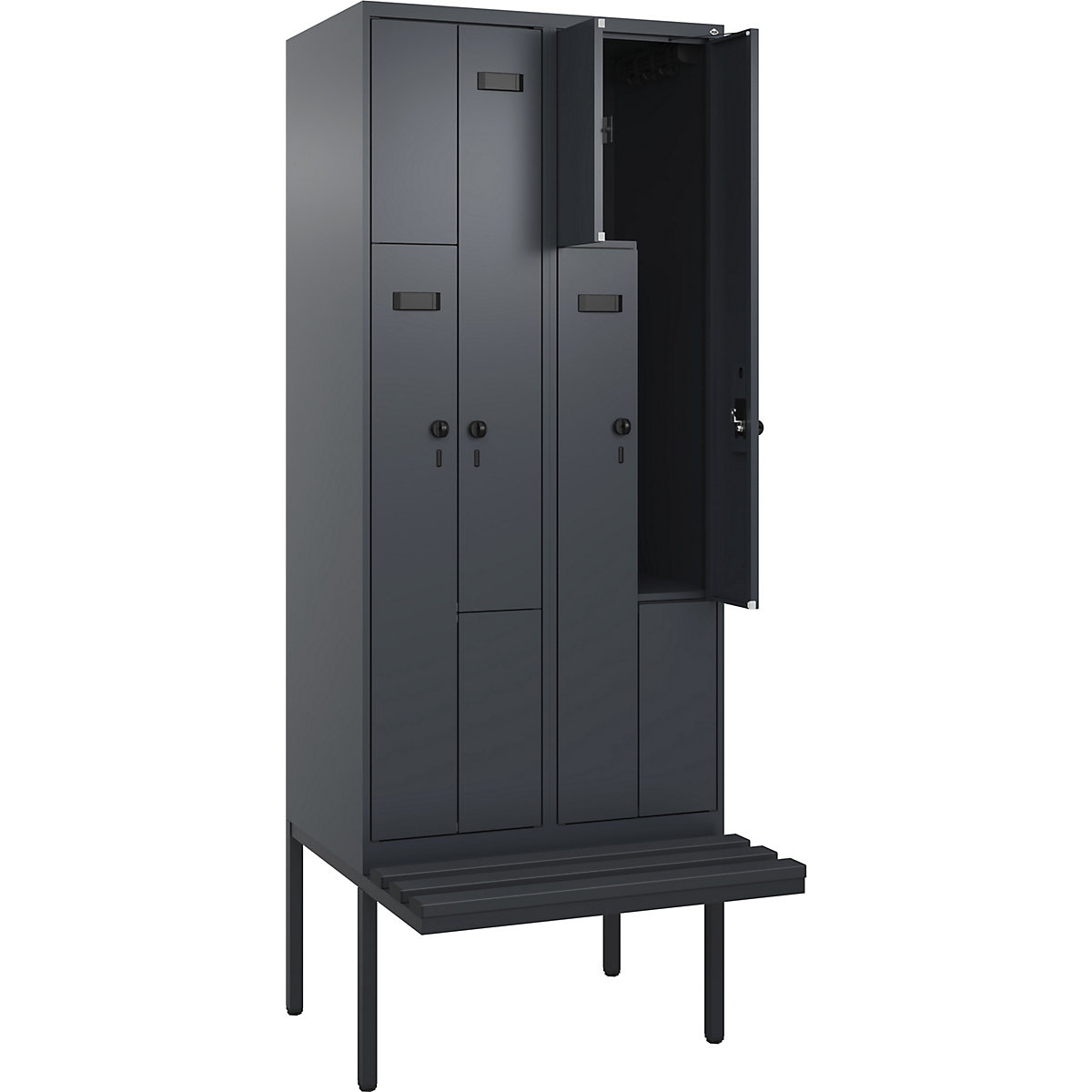 Cacifo em Z Evolo PLUS com banco, 2 compartimentos, cinzento, L 800 mm, trinco de segurança rotativo, com banco saliente, plástico-0