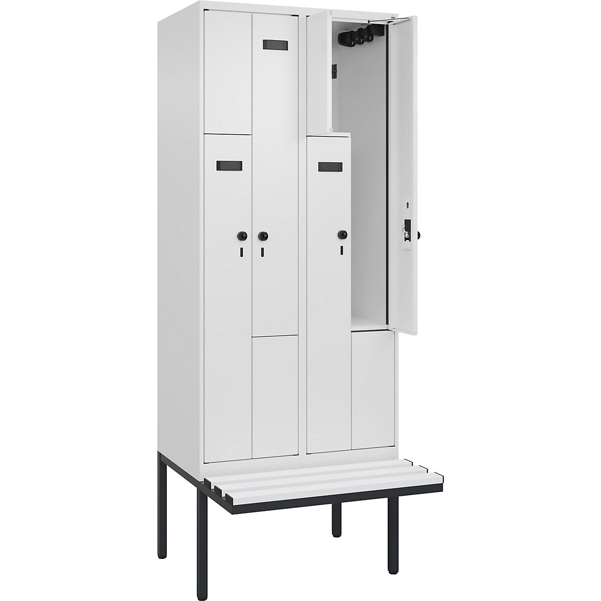 Cacifo em Z Evolo PLUS com banco, 2 compartimentos, branco, L 800 mm, trinco de segurança rotativo, com banco saliente, plástico-0