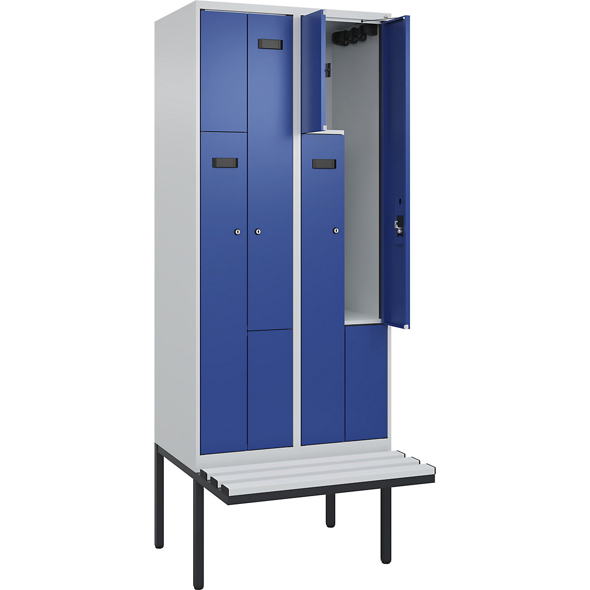 Cacifo em Z Evolo PLUS com banco, 2 compartimentos, cinzento claro/azul genciana, L 800 mm, fechadura de cilindro, com banco saliente, plástico-0