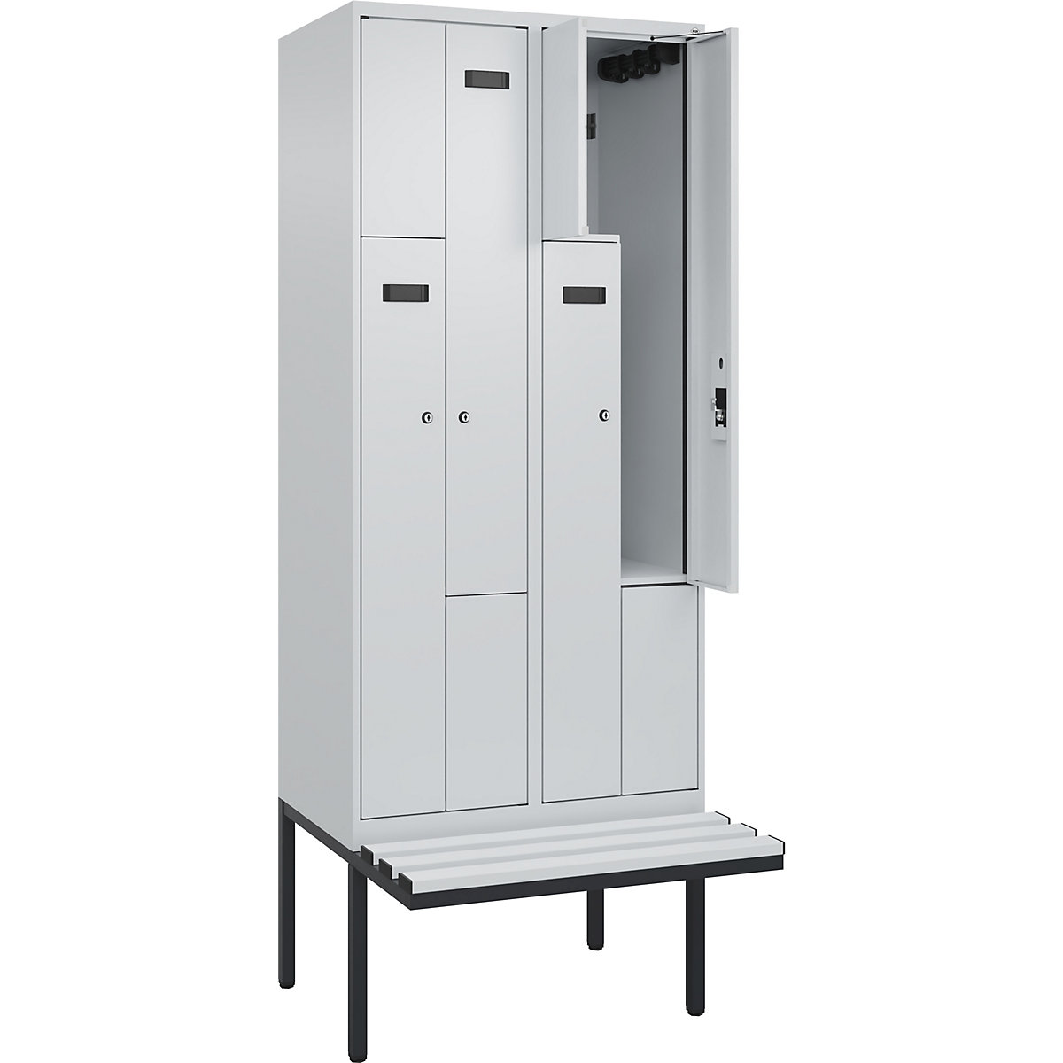 Cacifo em Z Evolo PLUS com banco, 2 compartimentos, cinzento claro/cinzento claro, L 800 mm, fechadura de cilindro, com banco saliente, plástico-0