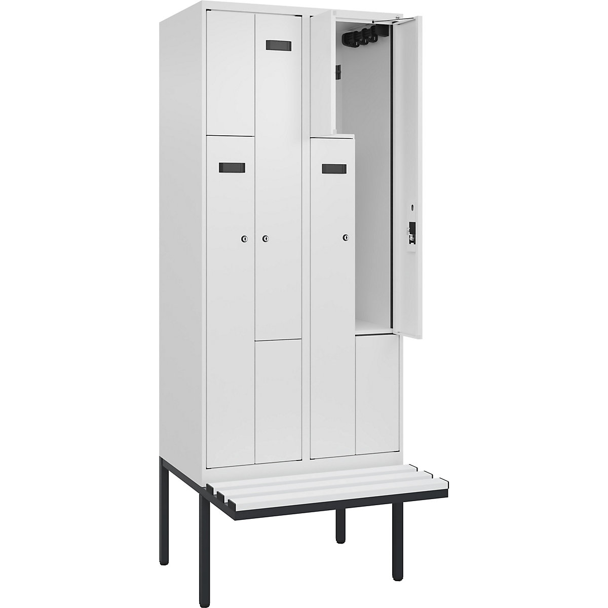 Cacifo em Z Evolo PLUS com banco, 2 compartimentos, branco, L 800 mm, fechadura de cilindro, com banco saliente, plástico-0