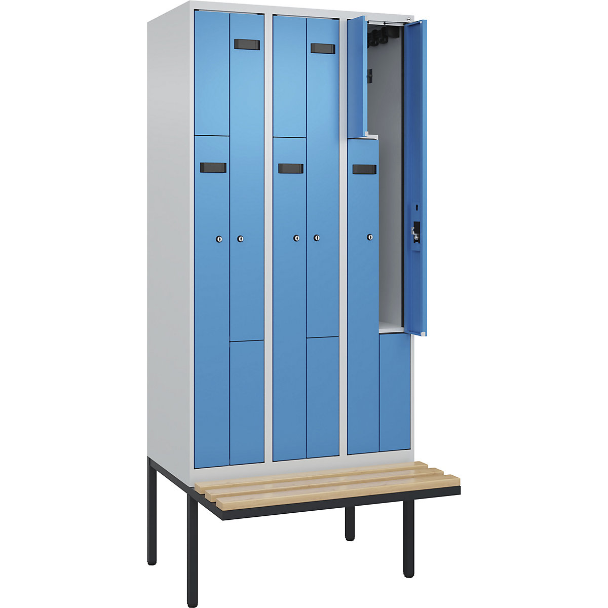 Cacifo em Z Evolo PLUS com banco, 3 compartimentos, cinzento claro/azul claro, L 900 mm, fechadura de cilindro, com banco saliente, faia-0