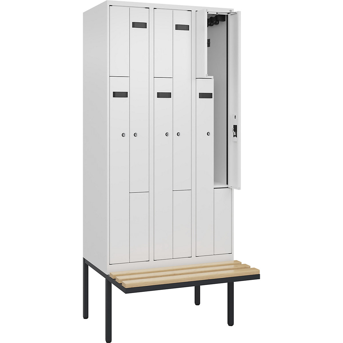 Cacifo em Z Evolo PLUS com banco, 3 compartimentos, branco, L 900 mm, fechadura de cilindro, com banco saliente, faia-0