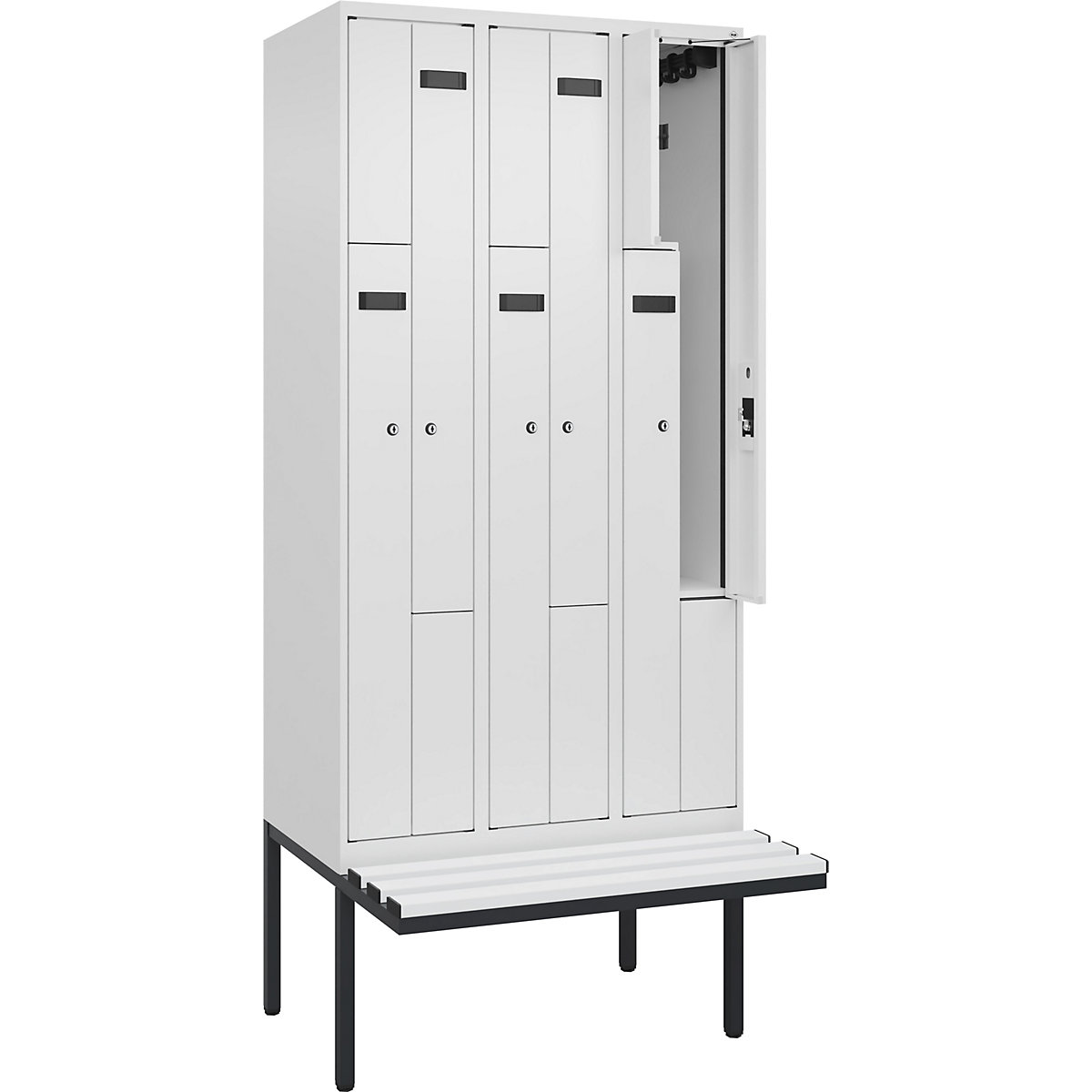 Cacifo em Z Evolo PLUS com banco, 3 compartimentos, branco, L 900 mm, fechadura de cilindro, com banco saliente, plástico-0