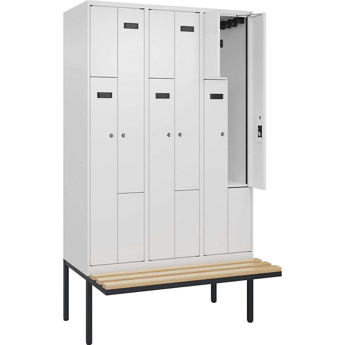 Cacifo em Z Evolo PLUS com banco, 3 compartimentos, branco, L 1200 mm, fechadura de cilindro, com banco saliente, faia-0