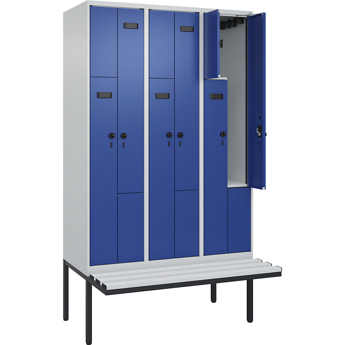 Cacifo em Z Evolo PLUS com banco, 3 compartimentos, cinzento claro/azul genciana, L 1200 mm, trinco de segurança rotativo, com banco saliente, plástico-0