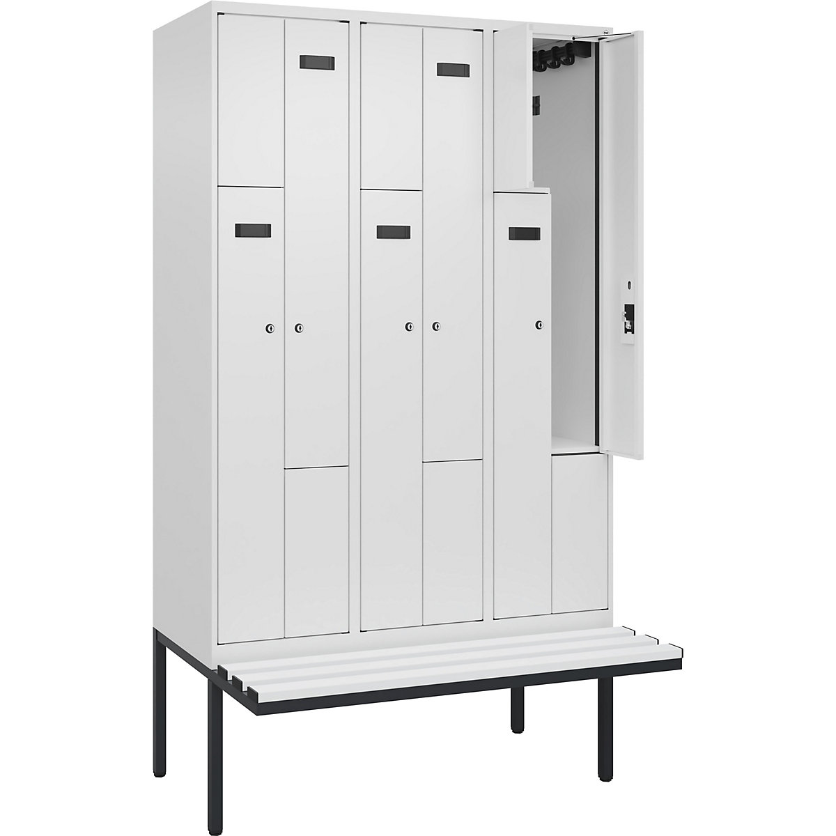 Cacifo em Z Evolo PLUS com banco, 3 compartimentos, branco, L 1200 mm, fechadura de cilindro, com banco saliente, plástico-0