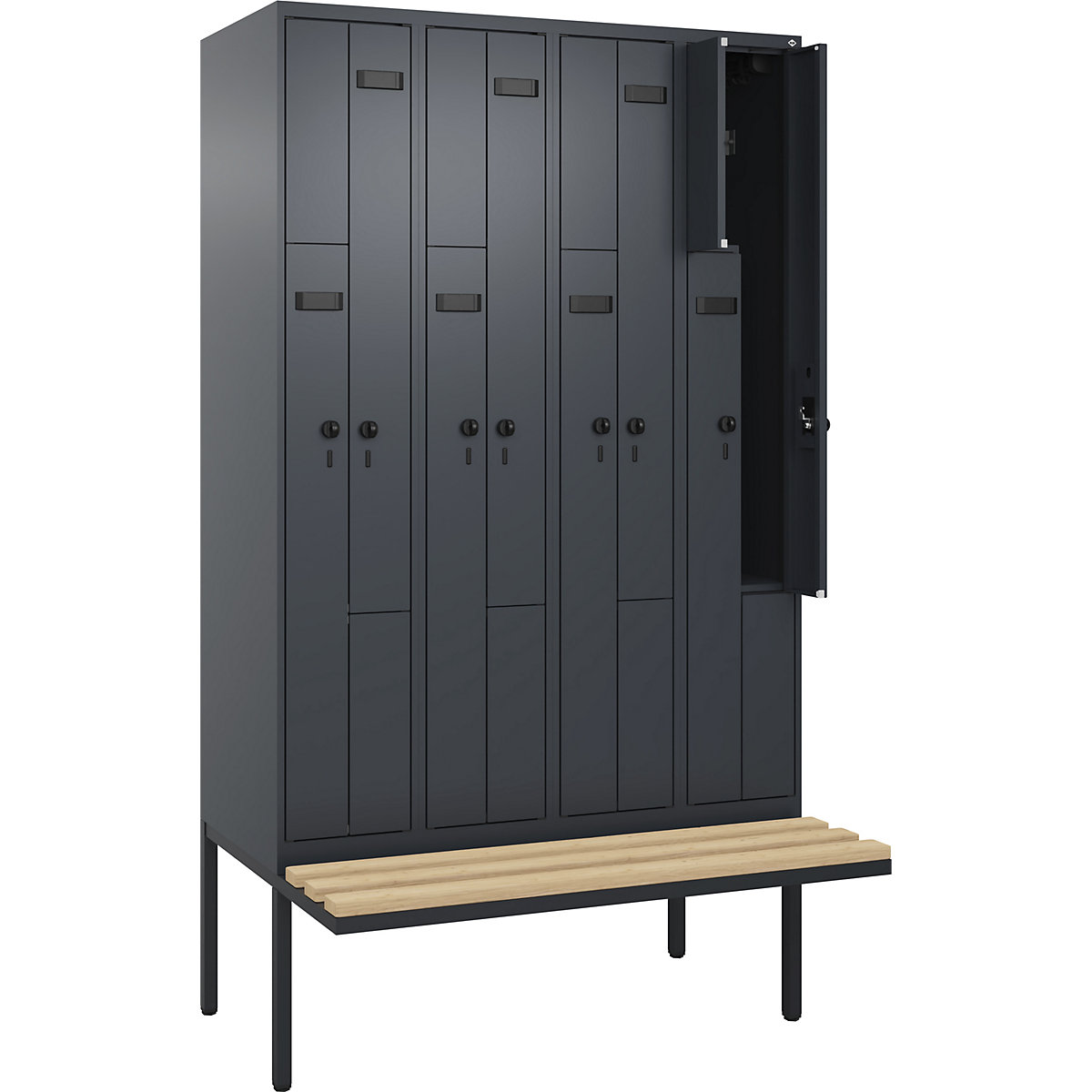 Cacifo em Z Evolo PLUS com banco, 4 compartimentos, cinzento, L 1200 mm, trinco de segurança rotativo, com banco saliente, faia-0