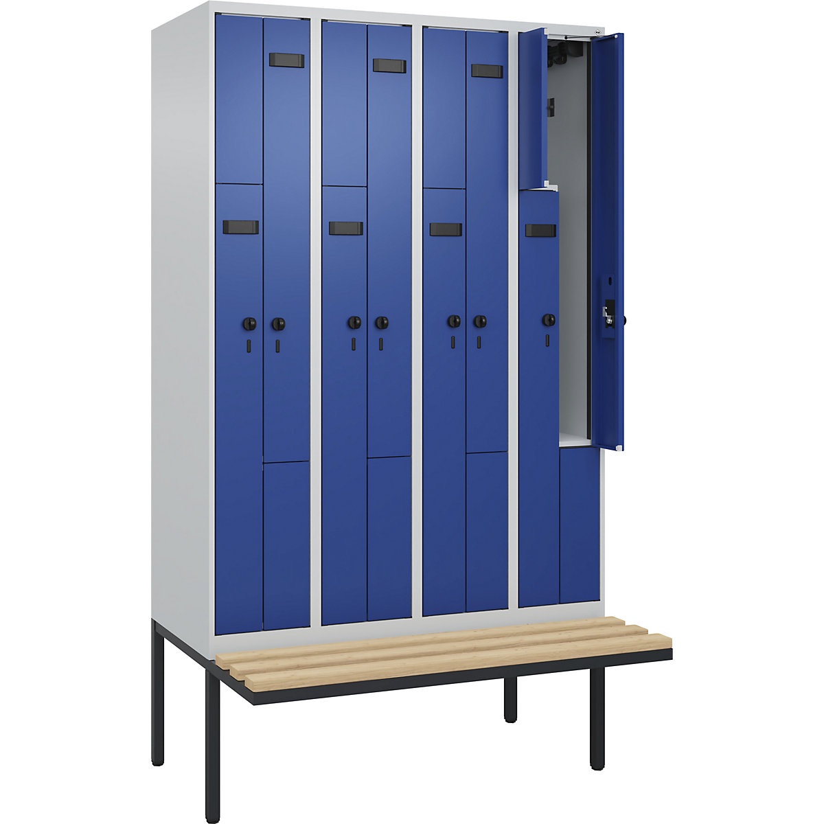 Cacifo em Z Evolo PLUS com banco, 4 compartimentos, cinzento claro/azul genciana, L 1200 mm, trinco de segurança rotativo, com banco saliente, faia-0