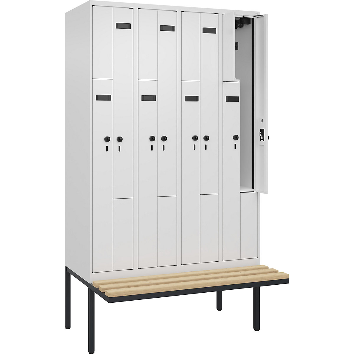 Cacifo em Z Evolo PLUS com banco, 4 compartimentos, branco, L 1200 mm, trinco de segurança rotativo, com banco saliente, faia-0