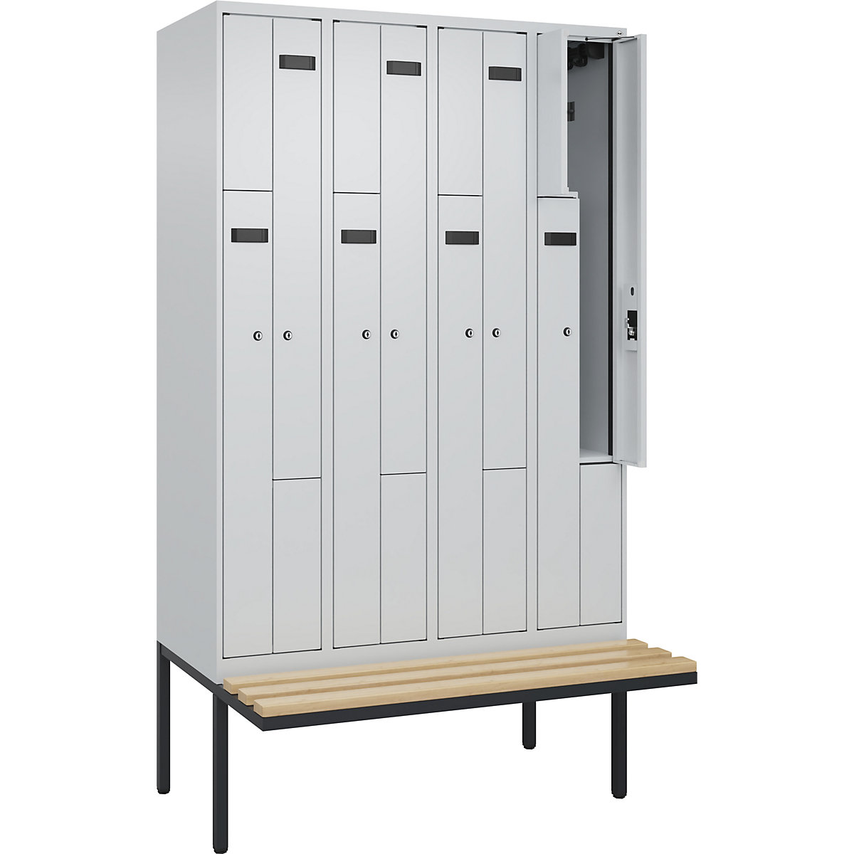Cacifo em Z Evolo PLUS com banco, 4 compartimentos, cinzento claro/cinzento claro, L 1200 mm, fechadura de cilindro, com banco saliente, faia-0