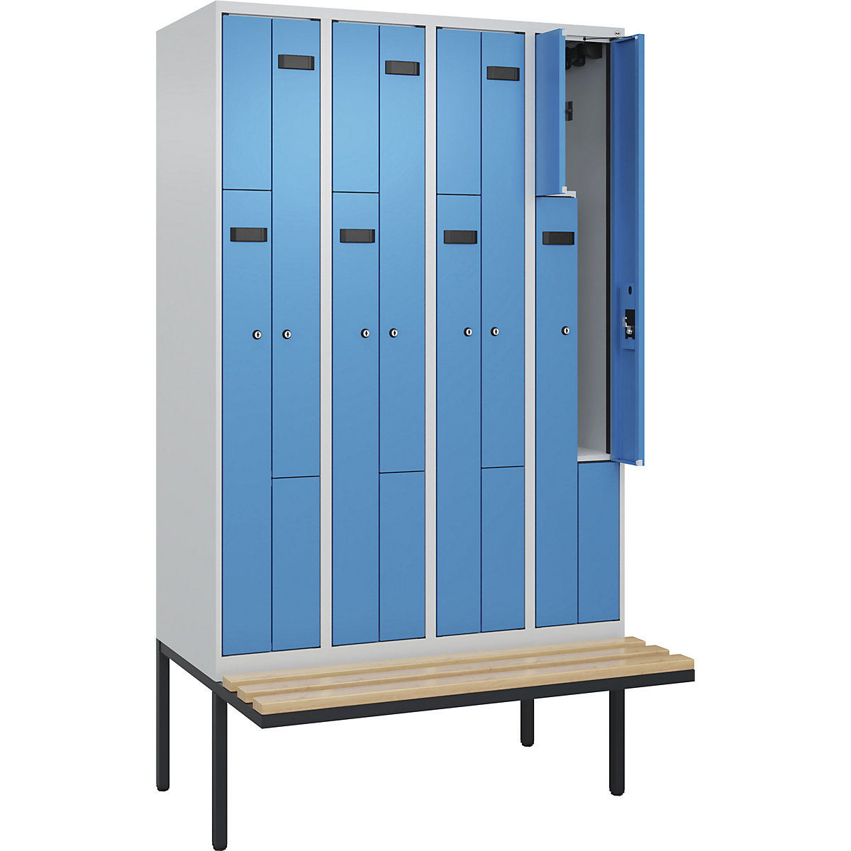 Cacifo em Z Evolo PLUS com banco, 4 compartimentos, cinzento claro/azul claro, L 1200 mm, fechadura de cilindro, com banco saliente, faia-0