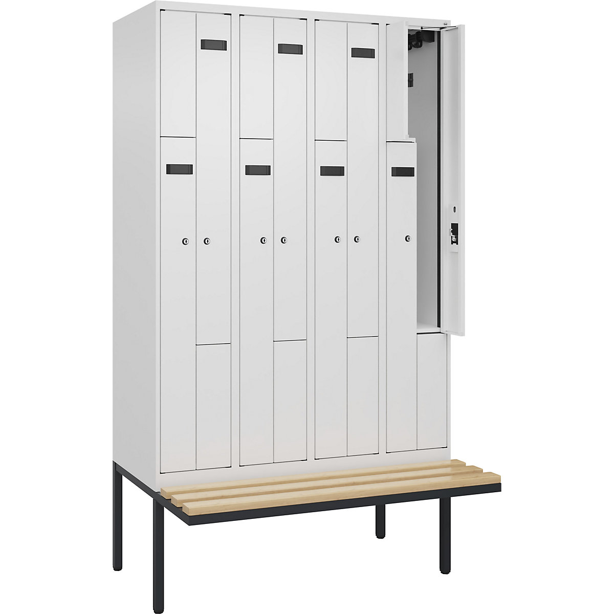 Cacifo em Z Evolo PLUS com banco, 4 compartimentos, branco, L 1200 mm, fechadura de cilindro, com banco saliente, faia-0