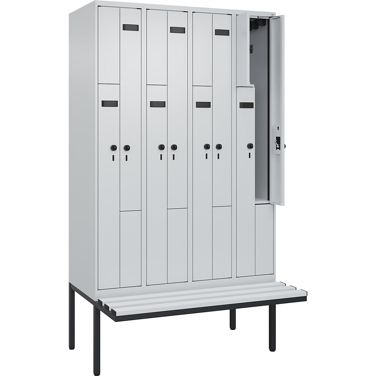 Cacifo em Z Evolo PLUS com banco, 4 compartimentos, cinzento claro/cinzento claro, L 1200 mm, trinco de segurança rotativo, com banco saliente, plástico-0