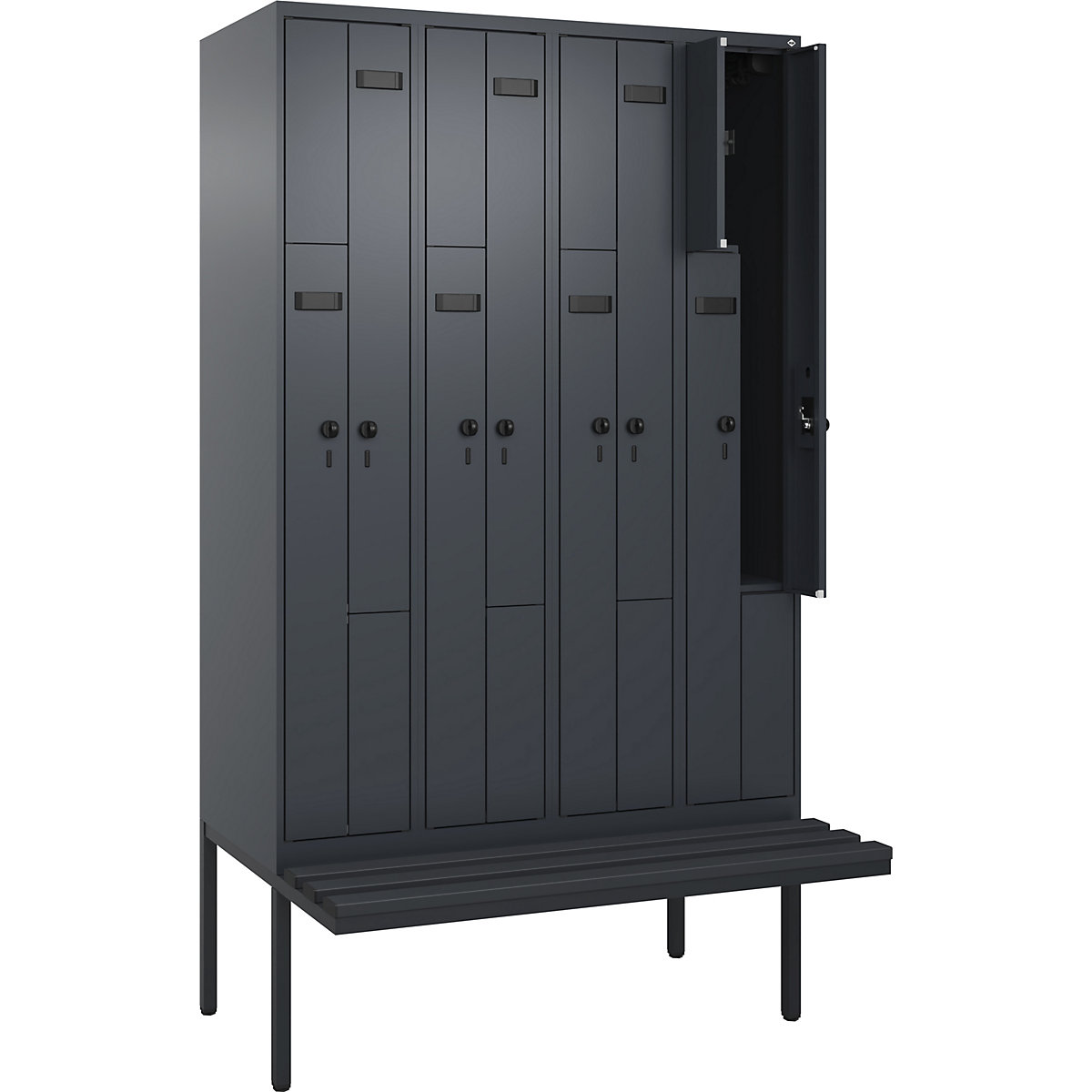 Cacifo em Z Evolo PLUS com banco, 4 compartimentos, cinzento, L 1200 mm, trinco de segurança rotativo, com banco saliente, plástico-0