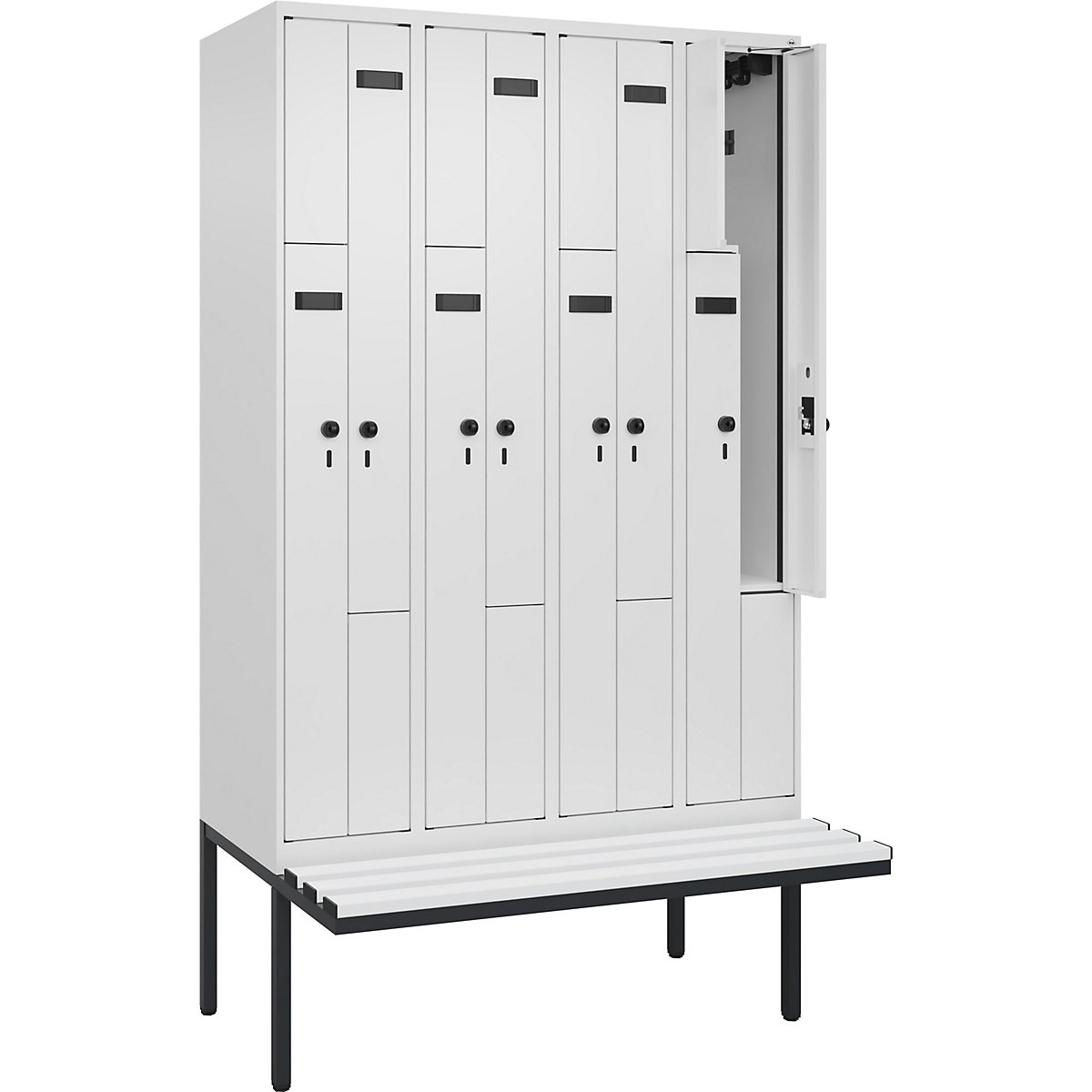 Cacifo em Z Evolo PLUS com banco, 4 compartimentos, branco, L 1200 mm, trinco de segurança rotativo, com banco saliente, plástico-0