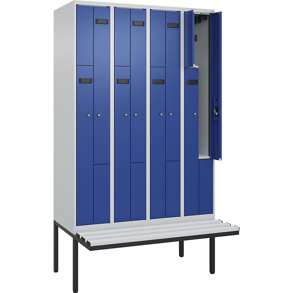 Cacifo em Z Evolo PLUS com banco, 4 compartimentos, cinzento claro/azul genciana, L 1200 mm, fechadura de cilindro, com banco saliente, plástico-0