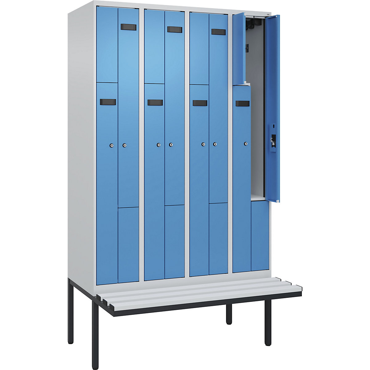 Cacifo em Z Evolo PLUS com banco, 4 compartimentos, cinzento claro/azul claro, L 1200 mm, fechadura de cilindro, com banco saliente, plástico-0
